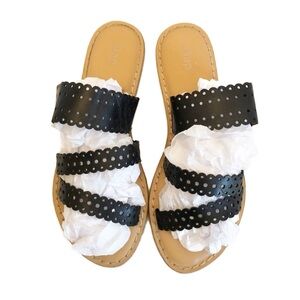 Gap Perforated Leather Three Band Strap Slip-on Slide Sandal Scalloped Black Tan